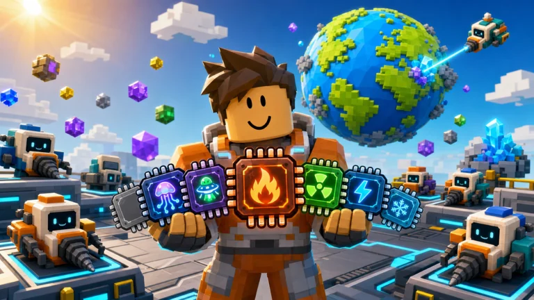 Developer-supplied BETA UPDATE 10 promotional artwork showing a blocky miner, drone fleet, planet, and six colored chips