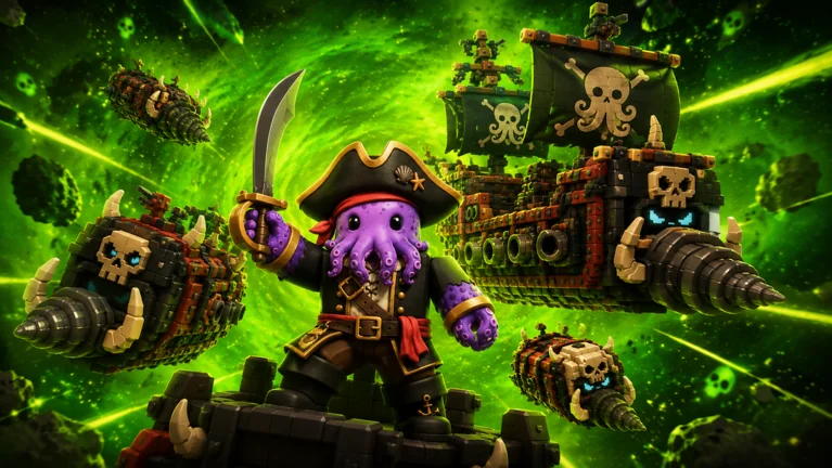 Developer-supplied Overclocked event artwork showing a purple pirate-like character and drill ships against a green space backdrop