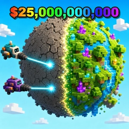 Developer-supplied Mine a Planet icon showing two laser drones exposing a bright voxel planet core