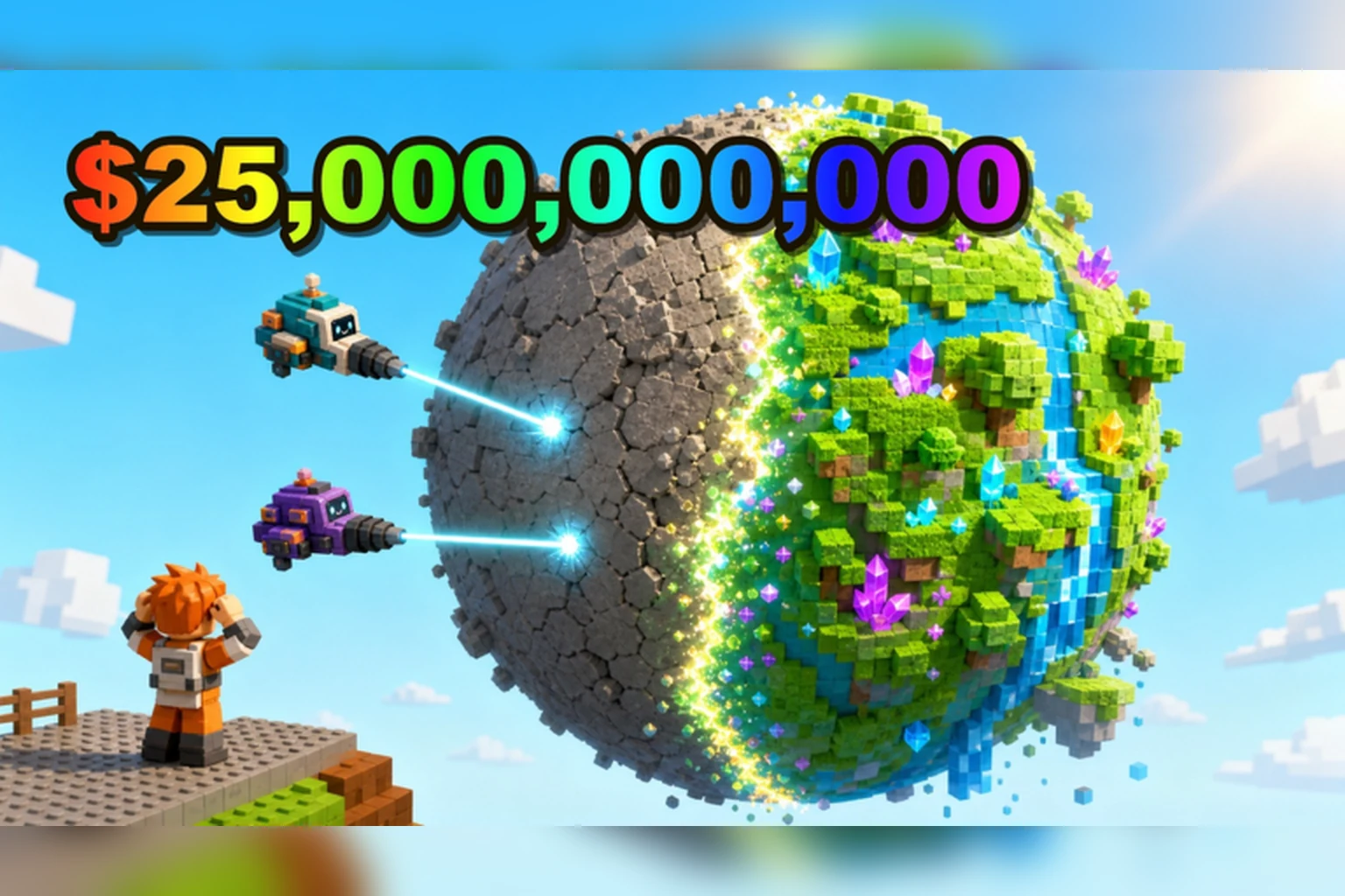 Developer-supplied Mine a Planet promotional artwork showing laser drones opening a voxel planet, adapted to a wide hero canvas