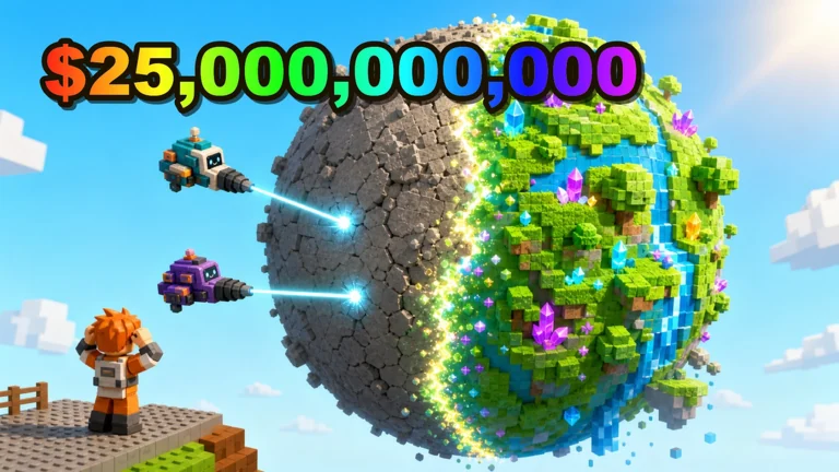 Developer-supplied promotional artwork showing two laser drones exposing half of a bright voxel planet