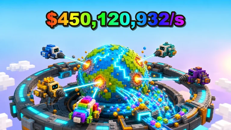 Developer-supplied promotional artwork showing five colorful drill drones firing at a voxel planet from a circular platform